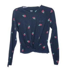 Pink By Victoria Secret Shirt Women Size XS Black Red Roses Twist Tie Front